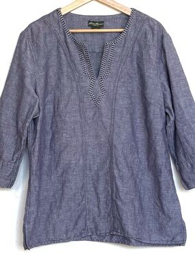 Eddie Bauer Women XL Blue Linen Cotton Embroidered Boho 3/4 Sleeve Tunic Blouse